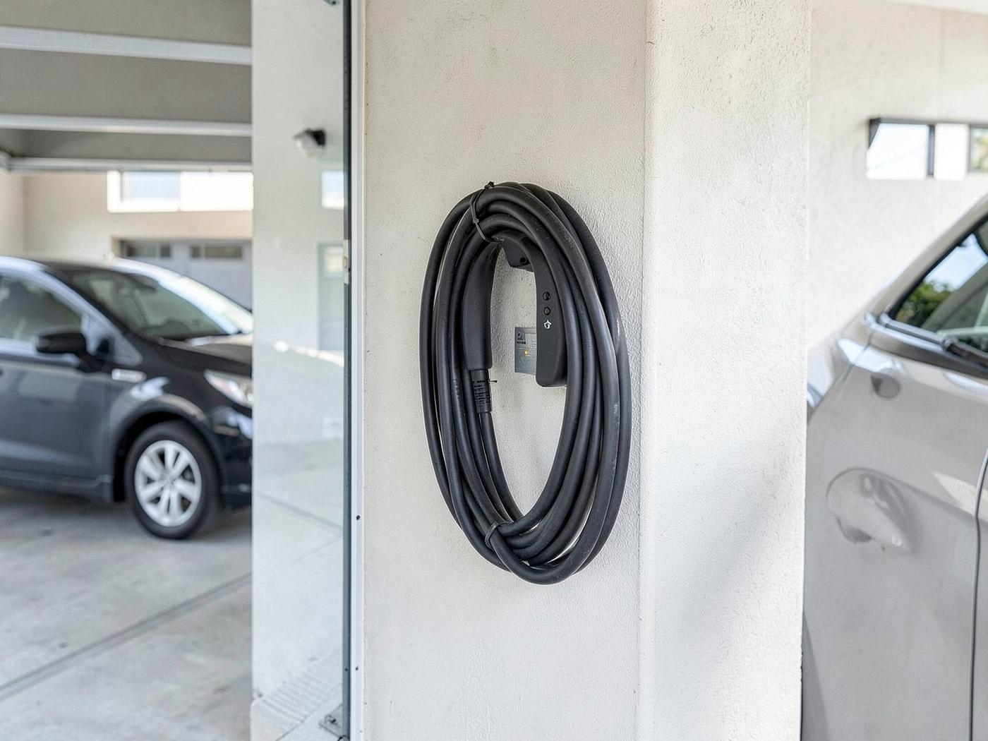 EV charger mounted on a garage wall with the cable neatly coiled