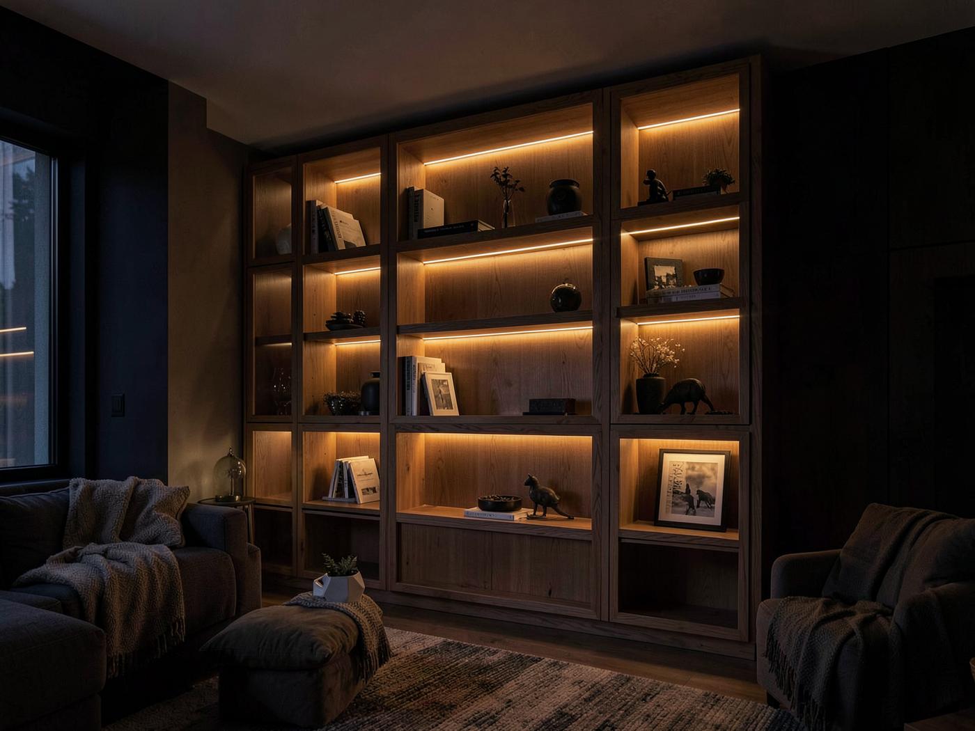 Built-in shelving with integrated warm LED strip lighting