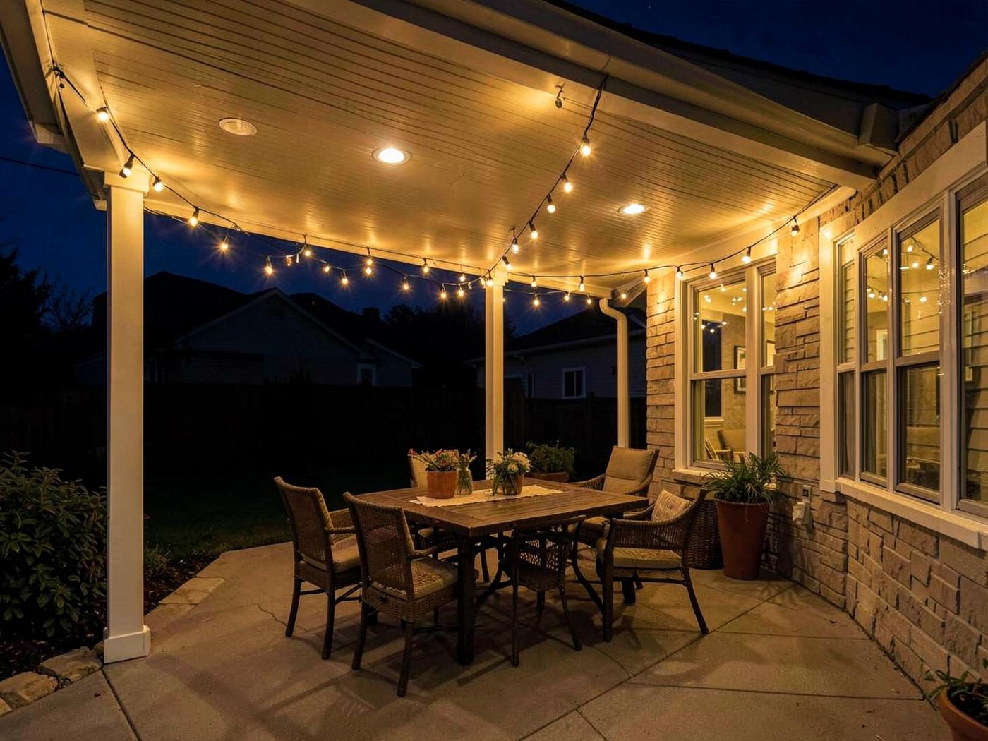 Covered patio lit with string lights and recessed soffit lighting