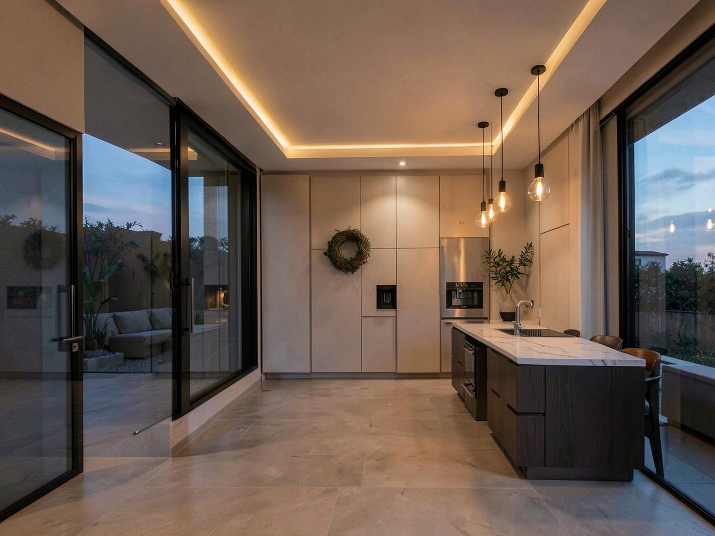 Custom interior lighting installed by Dawson Electric in a modern kitchen